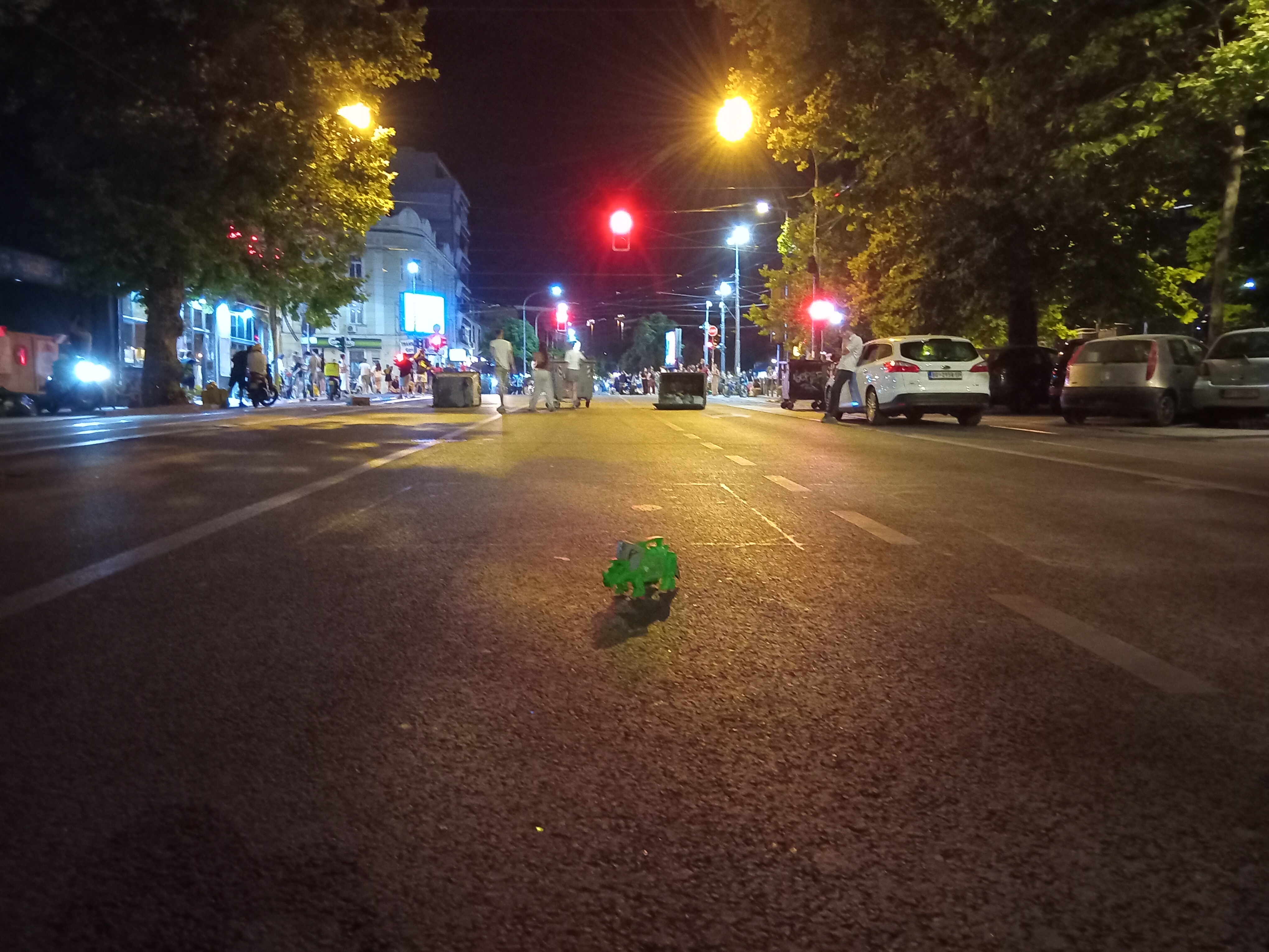 Someone placed a triceratops in front of the blockades to defend them when the police come to break them down.